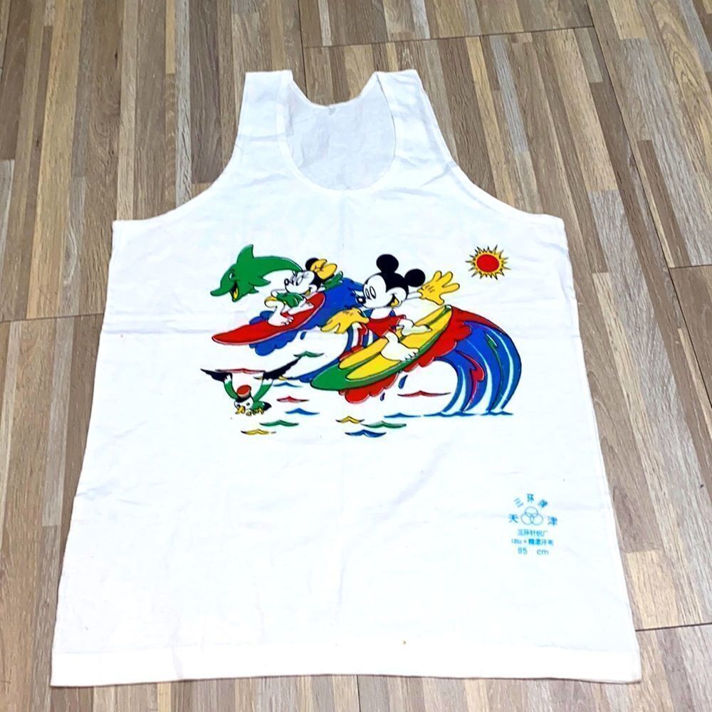 Vintage summer Mickey And Minnie Mouse surfing 80s womens small white tank top
